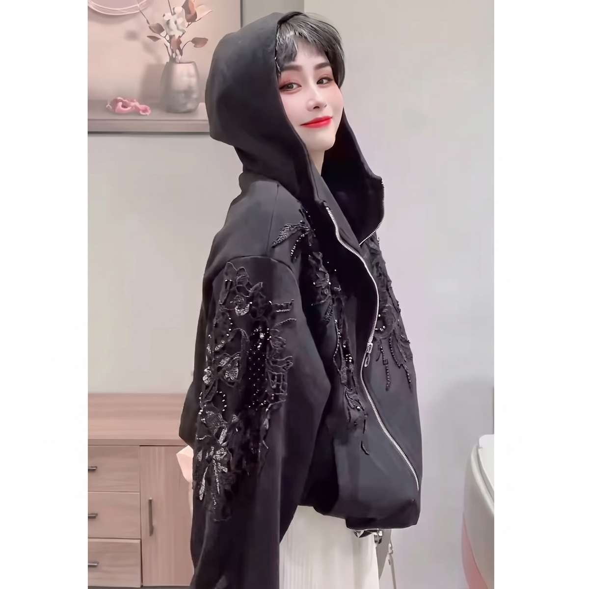 Embroidered Sequin Zip Hoodie