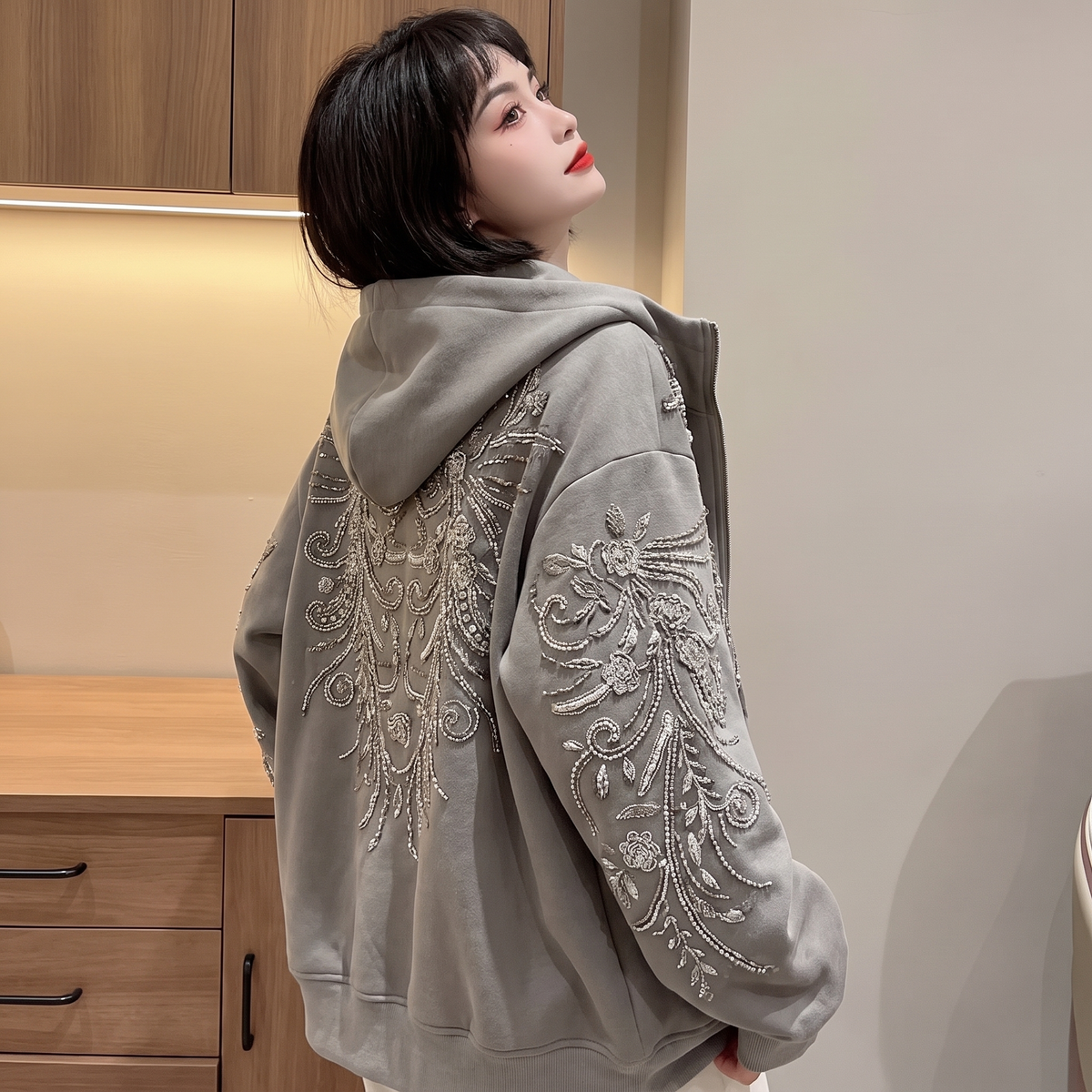 Embroidered Sequin Zip Hoodie