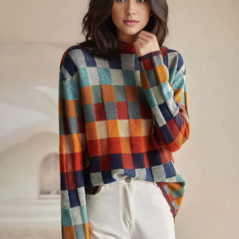 Checkerboard Stand Collar Jumper