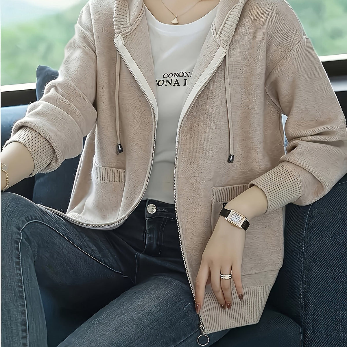 Zip-Up Drawstring Hoodie