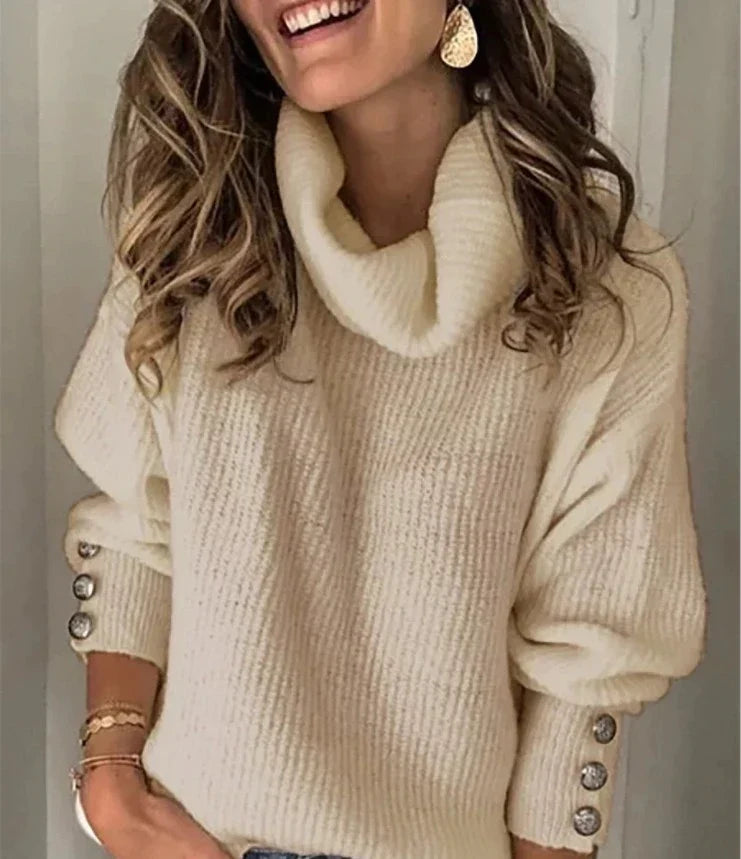 Button Cuff Roll Neck Jumper
