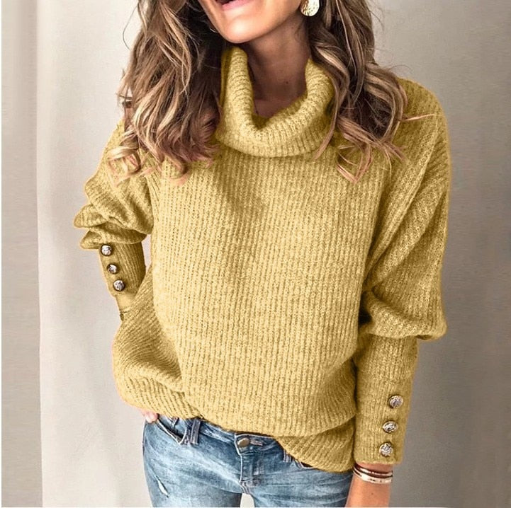 Button Cuff Roll Neck Jumper