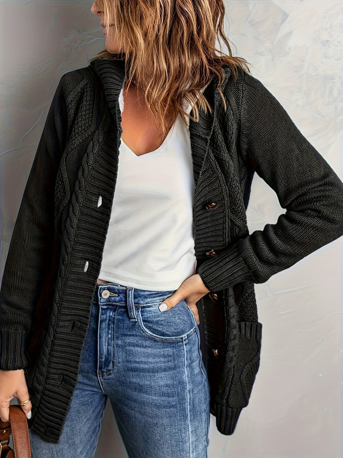 Fleece-Lined Hooded Cable Cardigan