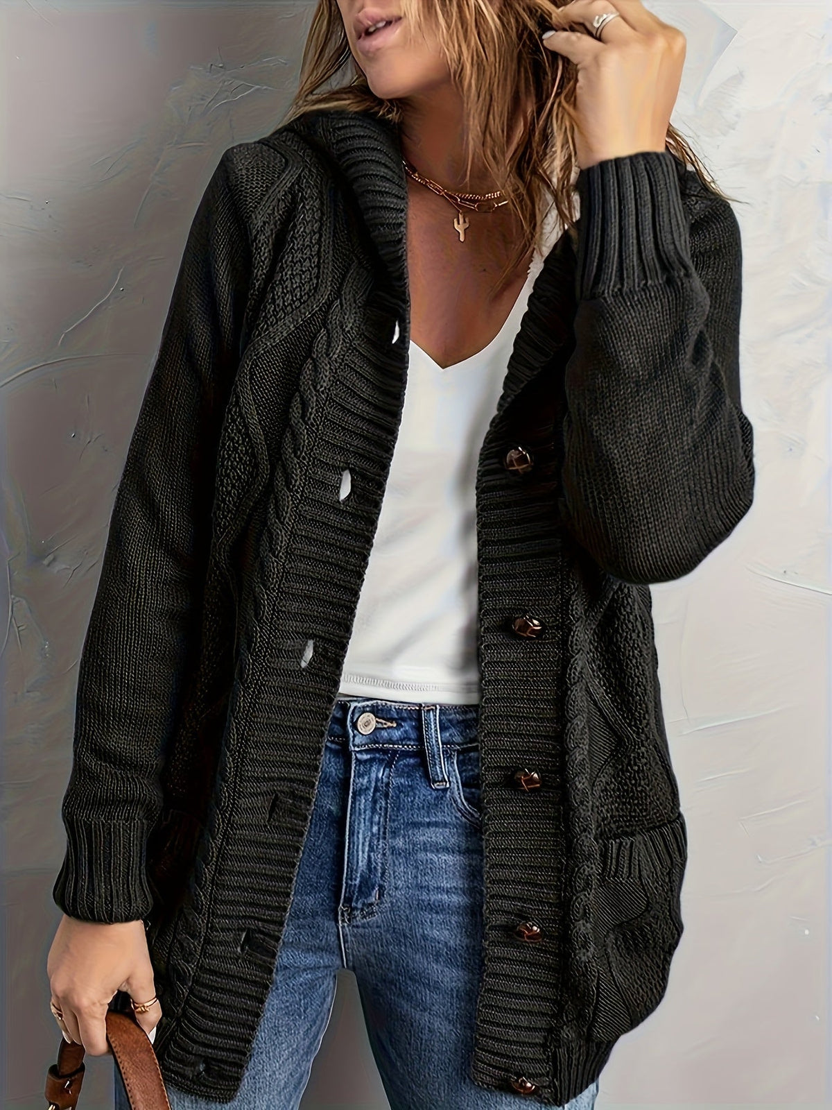 Fleece-Lined Hooded Cable Cardigan