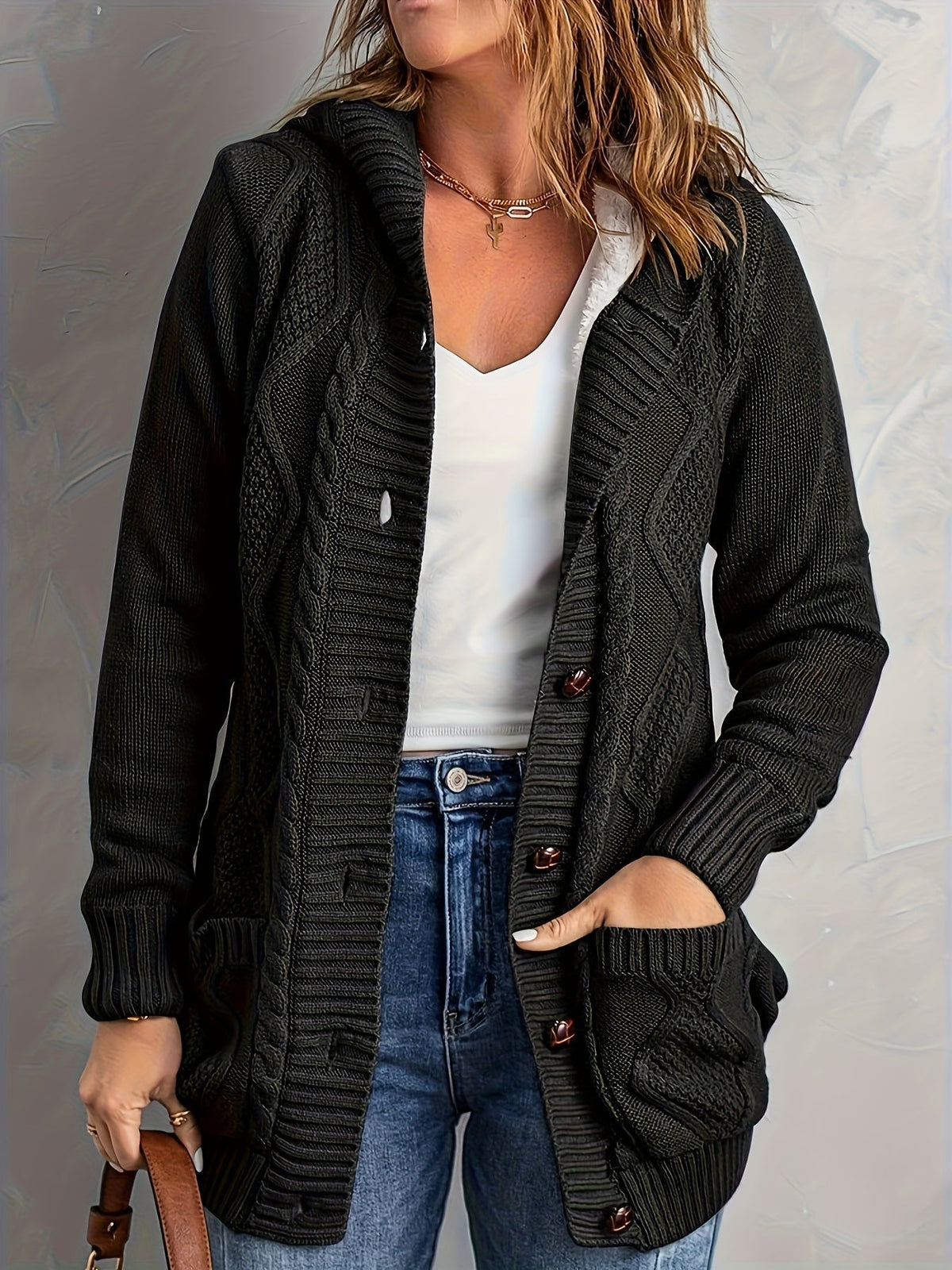 Fleece-Lined Hooded Cable Cardigan