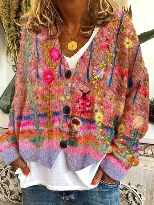 Floral Embroidered V-Neck Cardigan