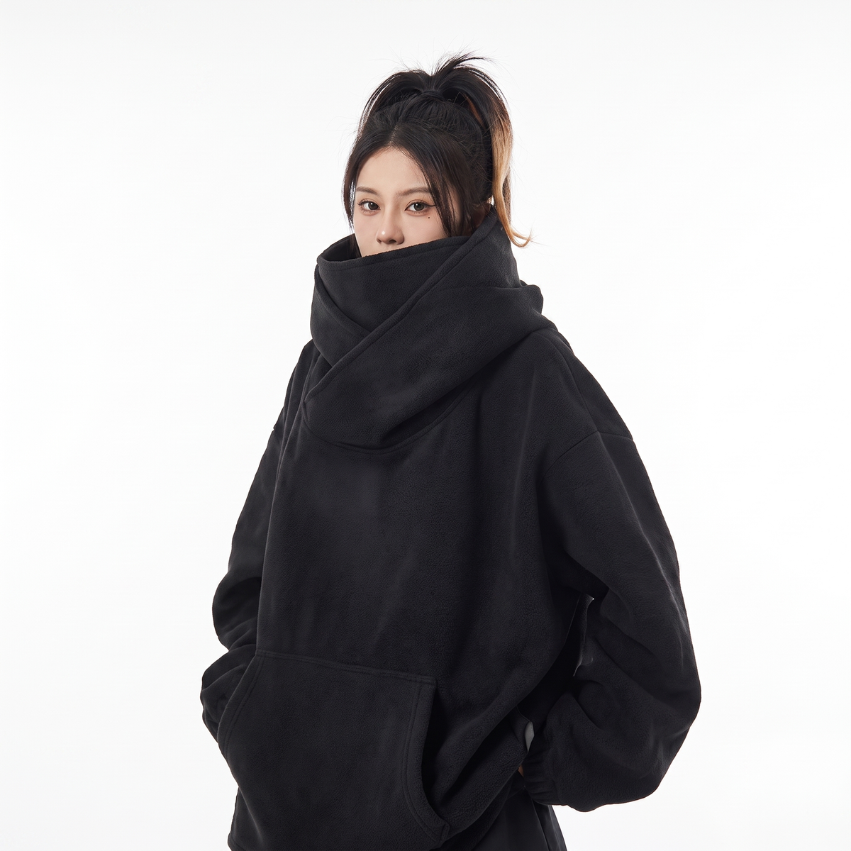 Fleece-Lined High Neck Hoodie