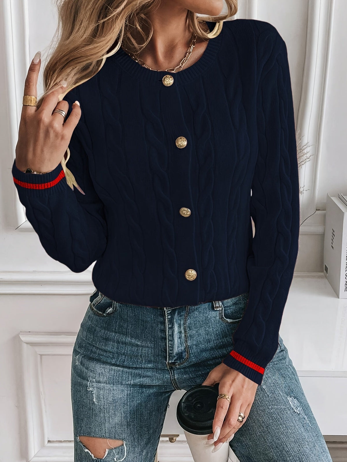 Gold Button Cable Cardigan