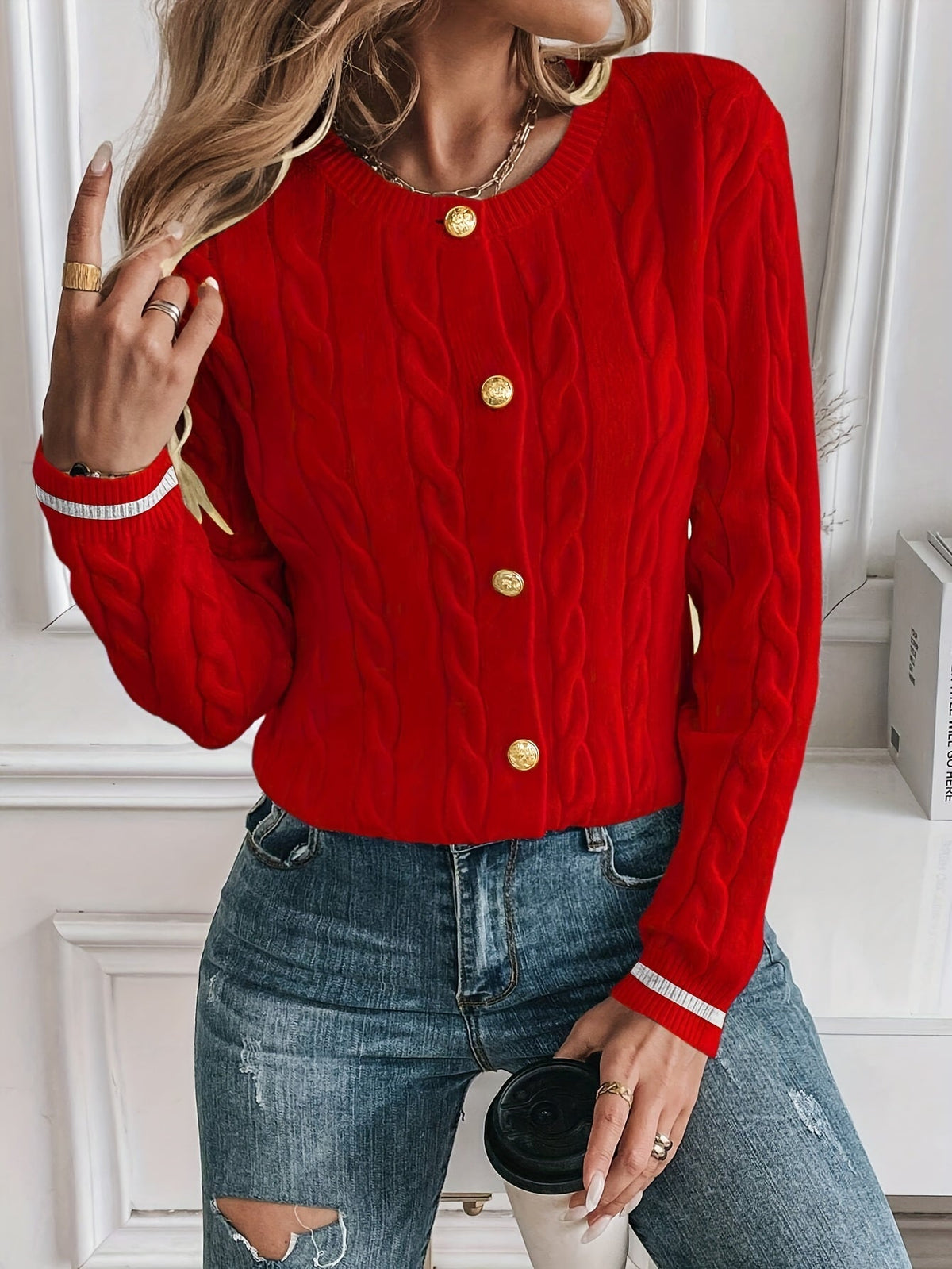 Gold Button Cable Cardigan