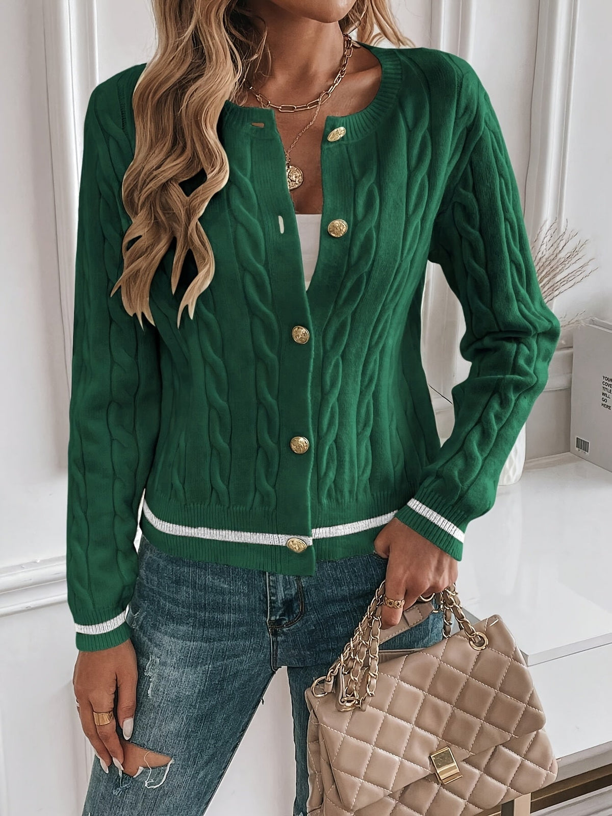 Gold Button Cable Cardigan