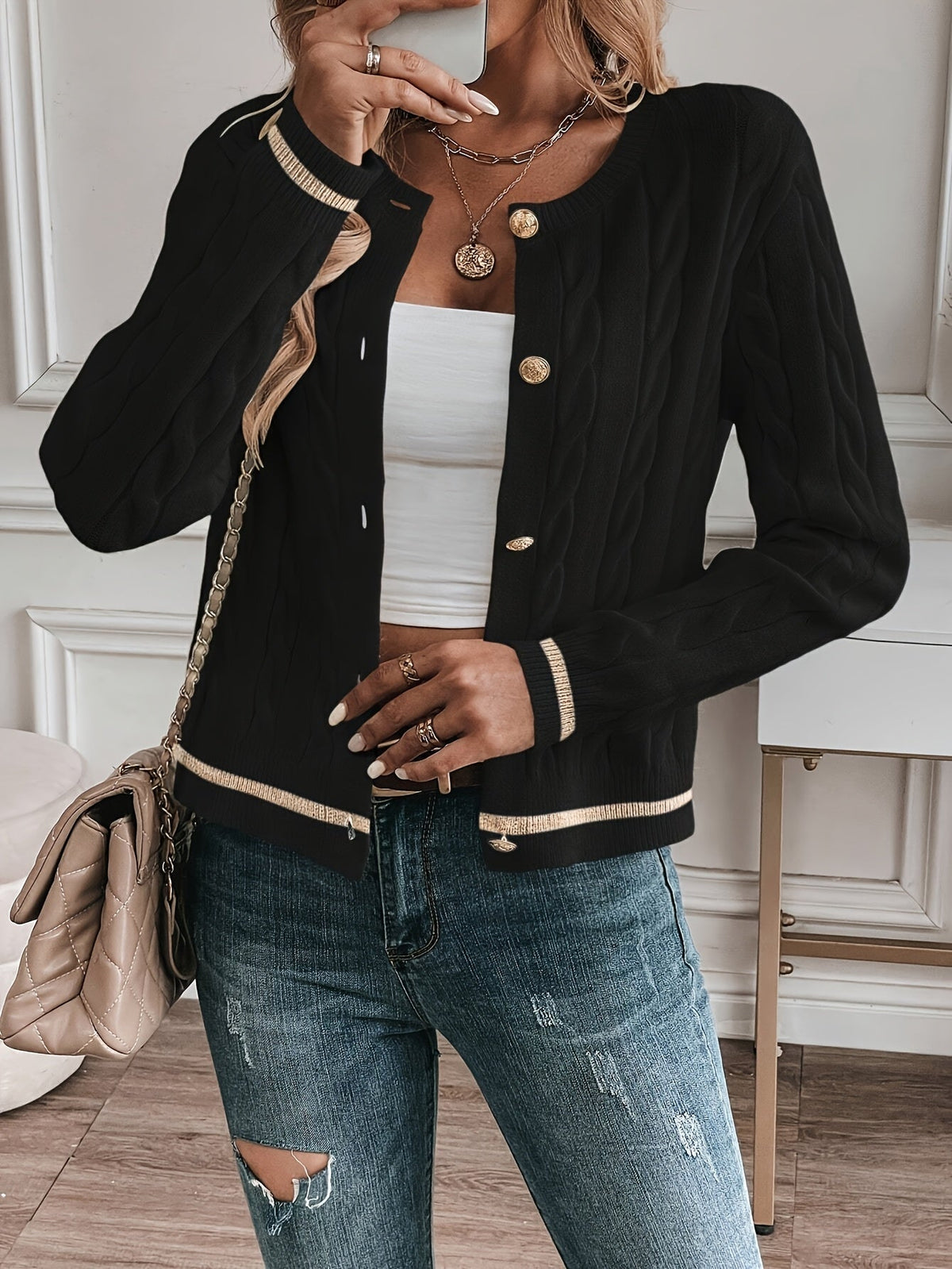 Gold Button Cable Cardigan
