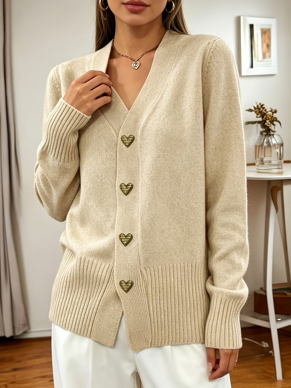 Heart Button V-Neck Cardigan