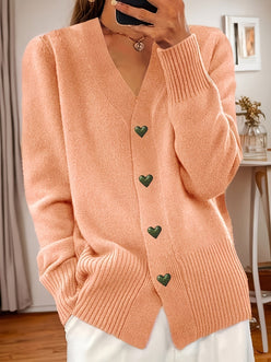Heart Button V-Neck Cardigan