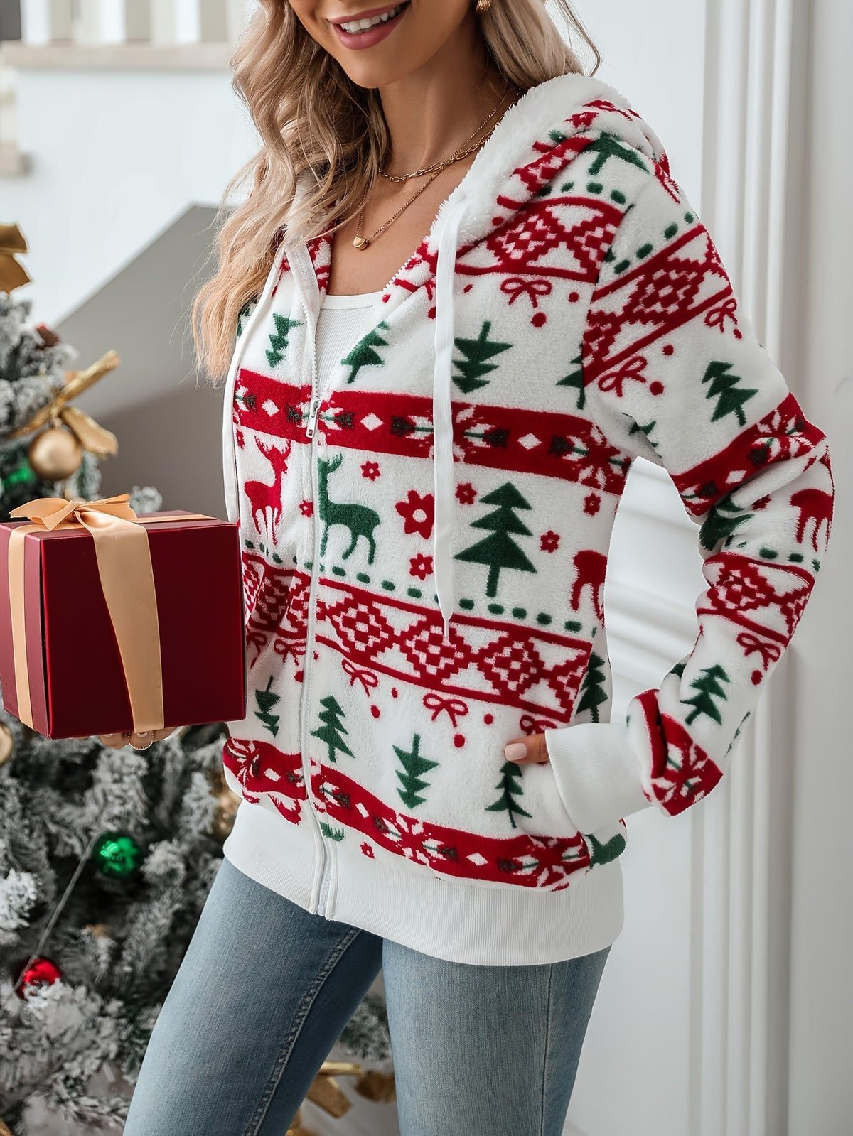 Christmas Print Fleece Hoodie