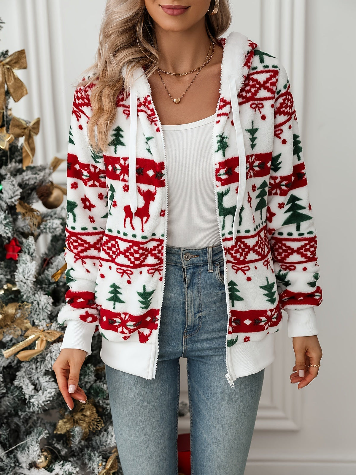 Christmas Print Fleece Hoodie