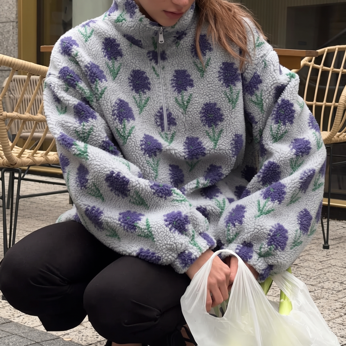Floral Sherpa Half-Zip Pullover