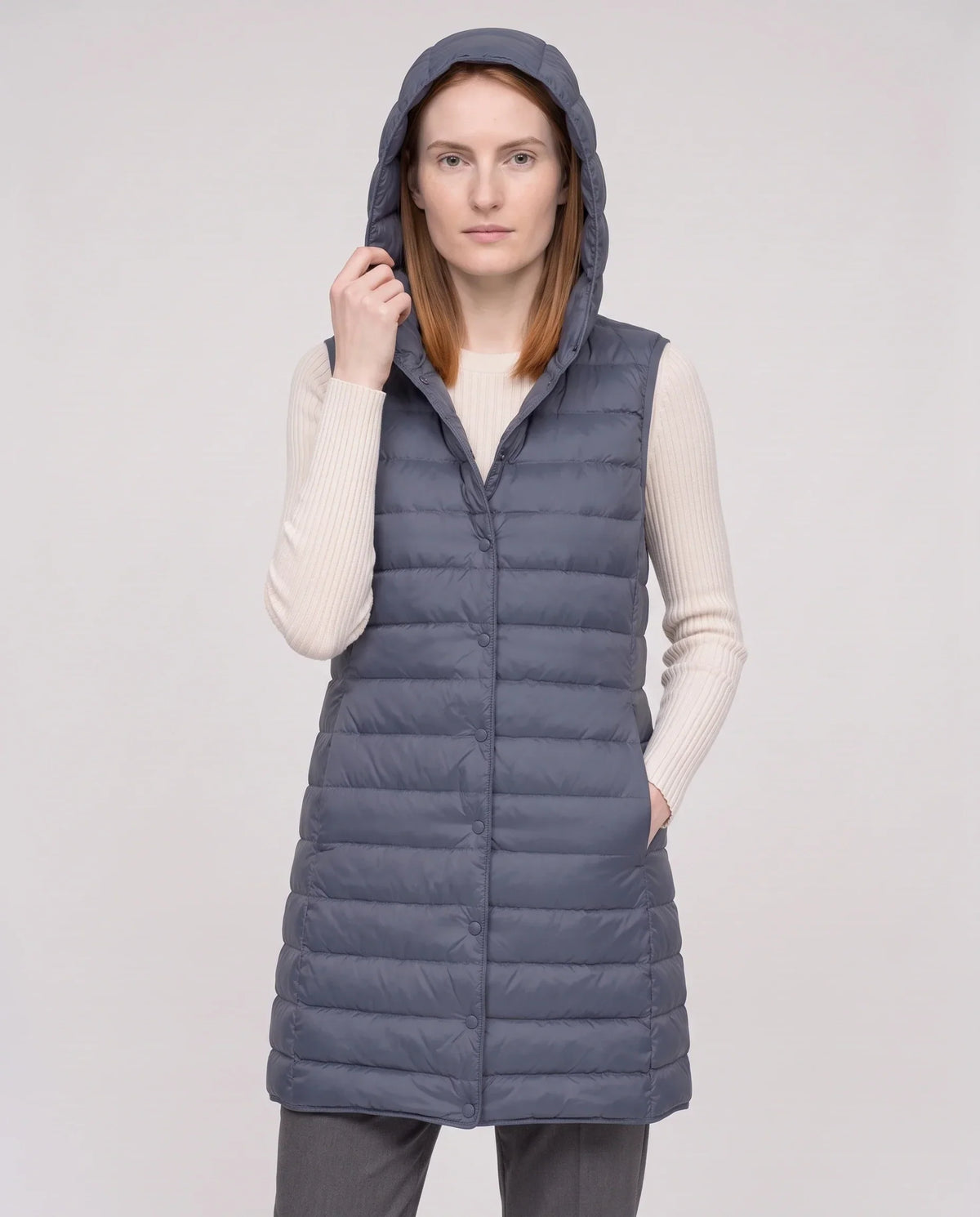 Long Sleeveless Quilted Hooded Gilet