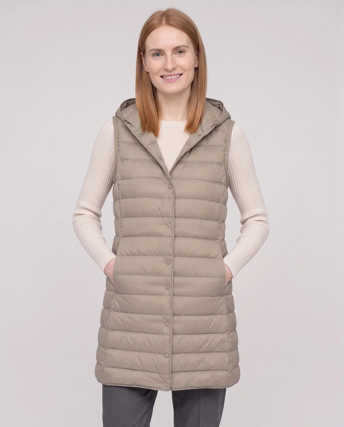 Long Sleeveless Quilted Hooded Gilet