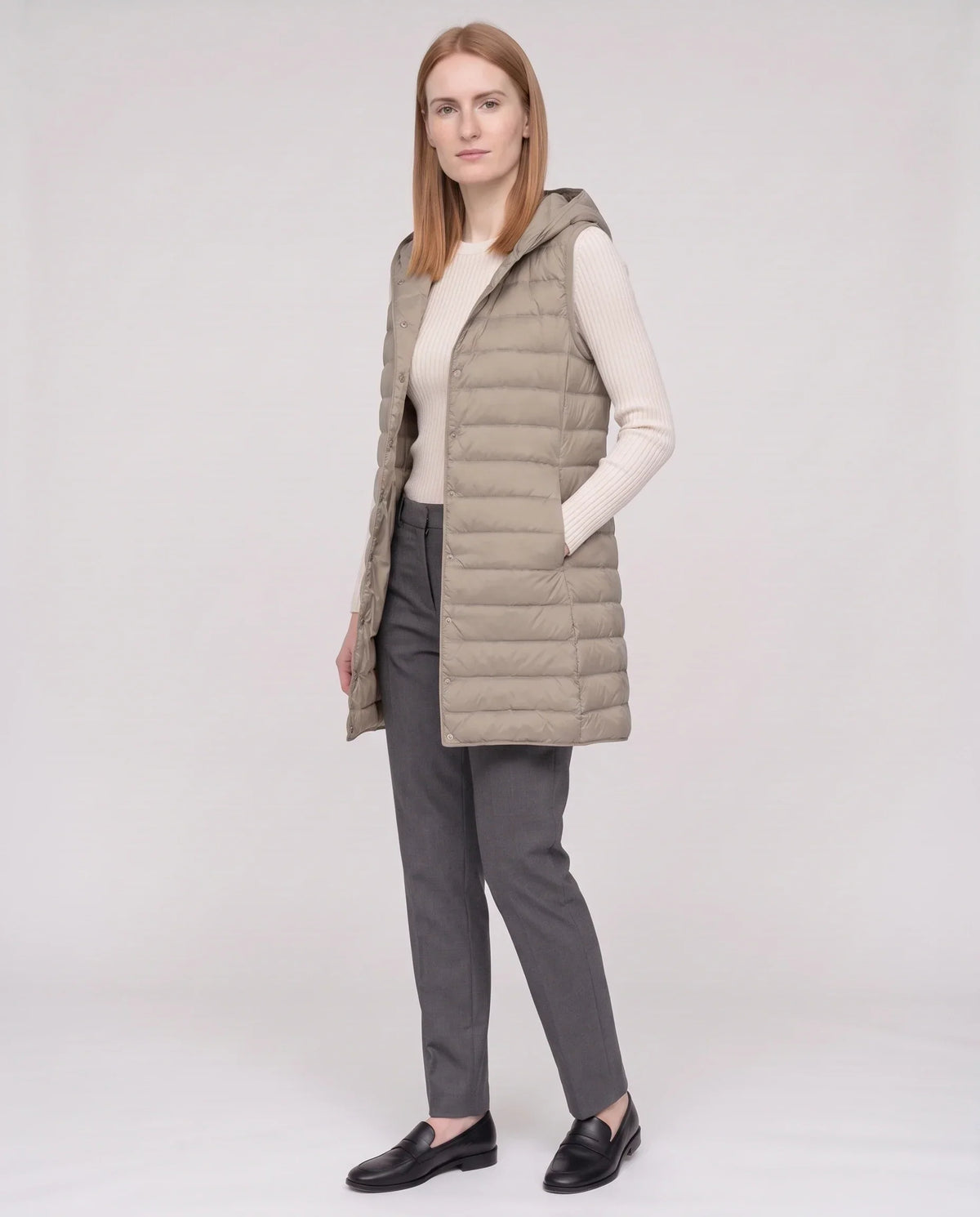 Long Sleeveless Quilted Hooded Gilet