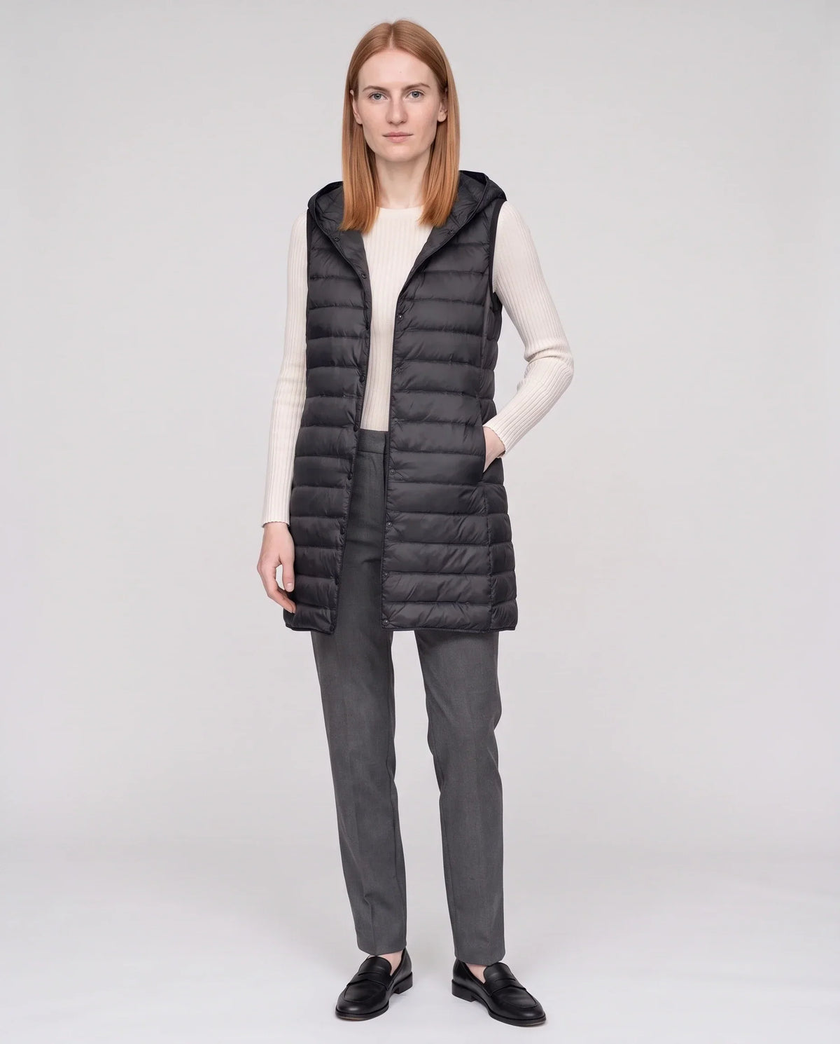 Long Sleeveless Quilted Hooded Gilet