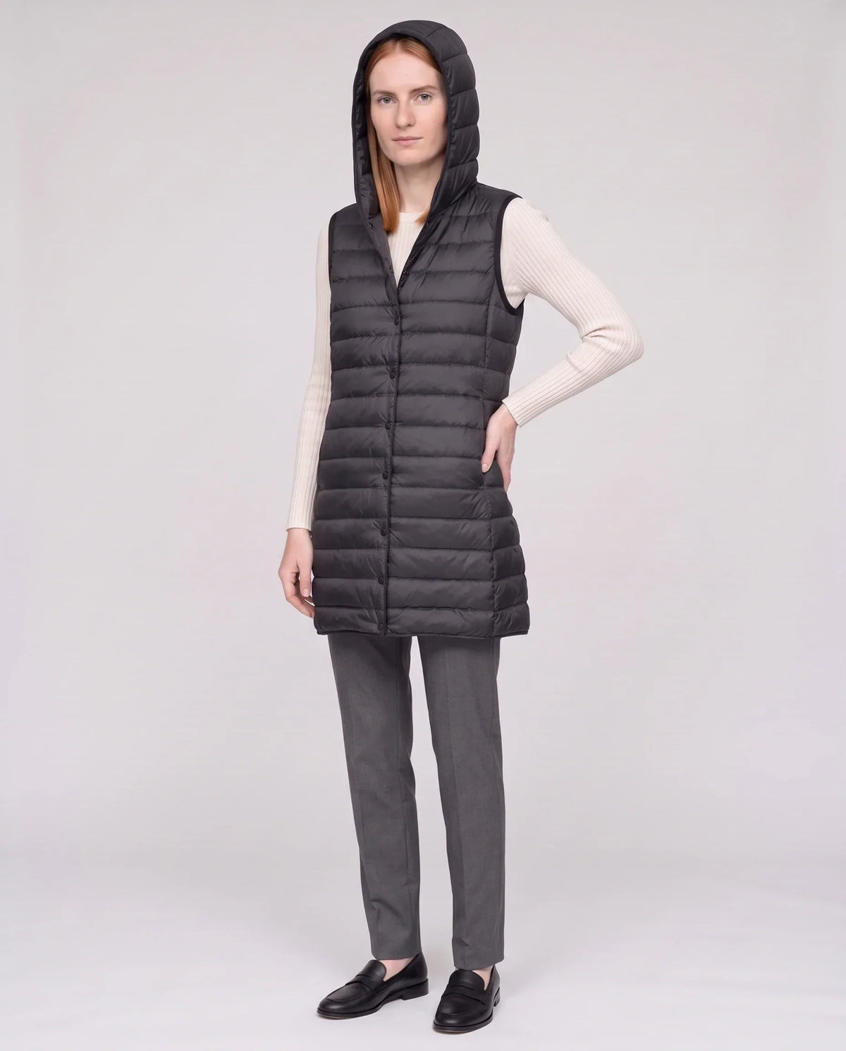 Long Sleeveless Quilted Hooded Gilet