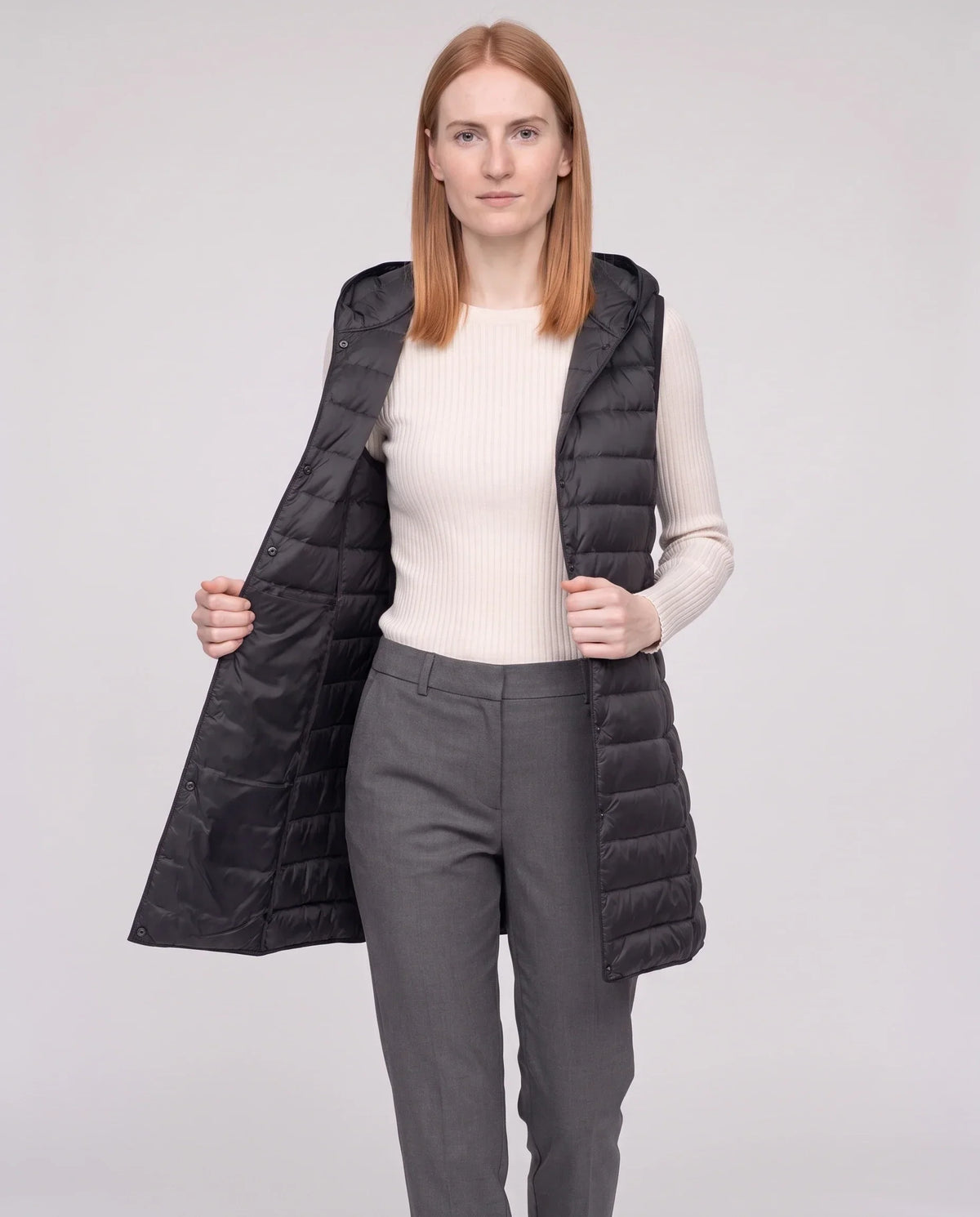 Long Sleeveless Quilted Hooded Gilet