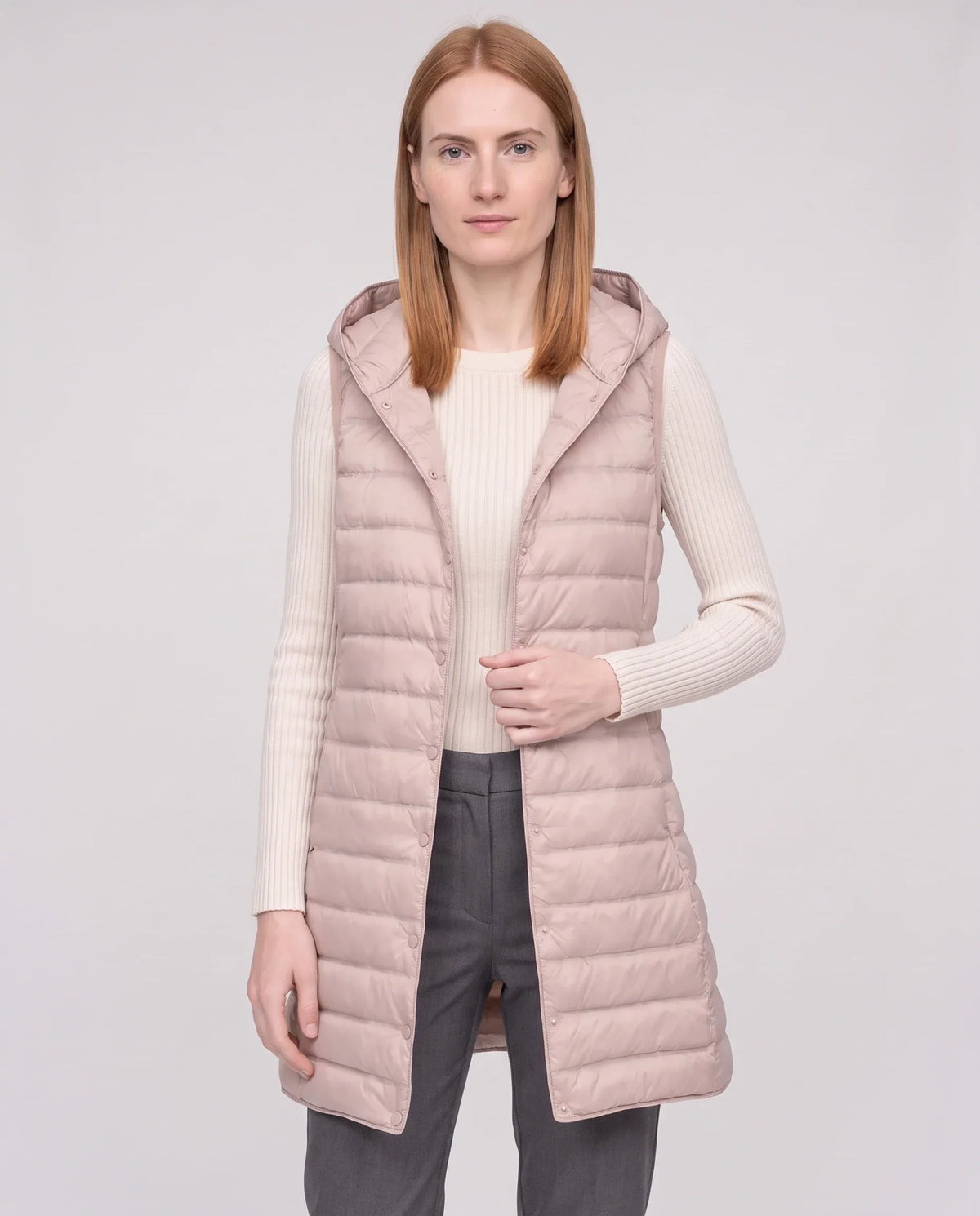 Long Sleeveless Quilted Hooded Gilet
