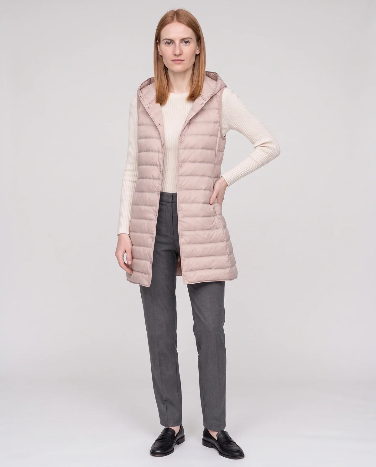 Long Sleeveless Quilted Hooded Gilet