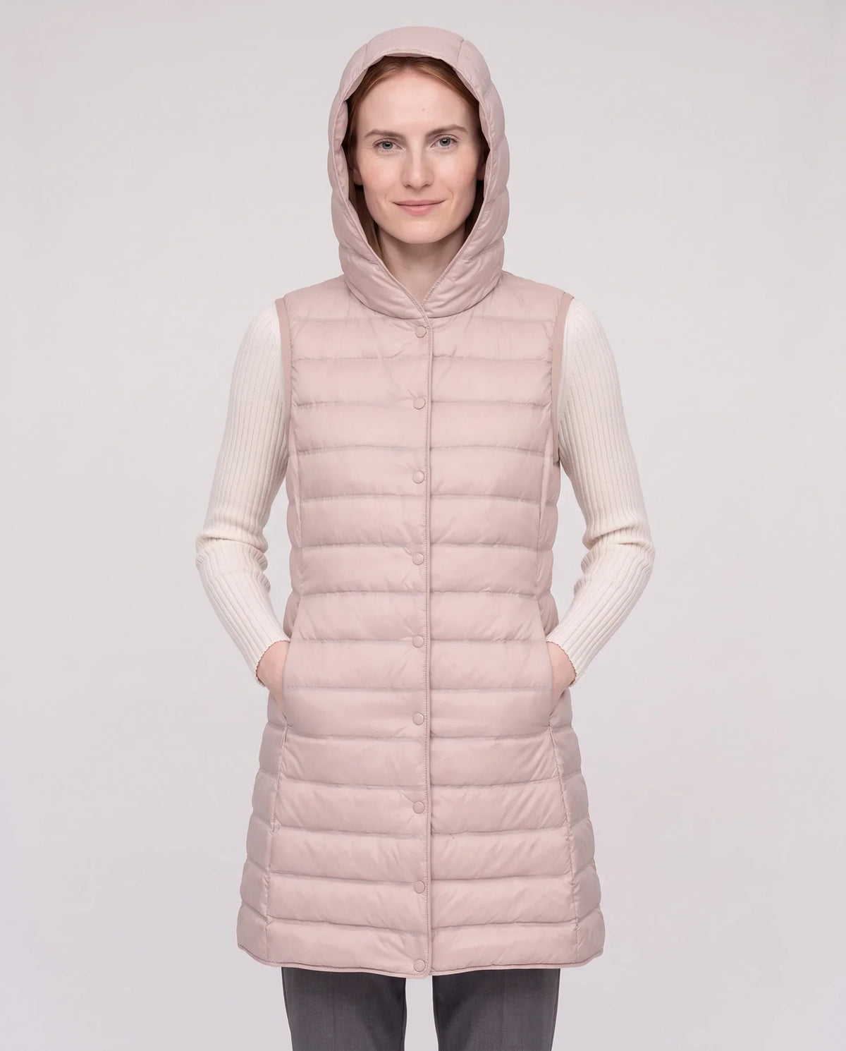 Long Sleeveless Quilted Hooded Gilet