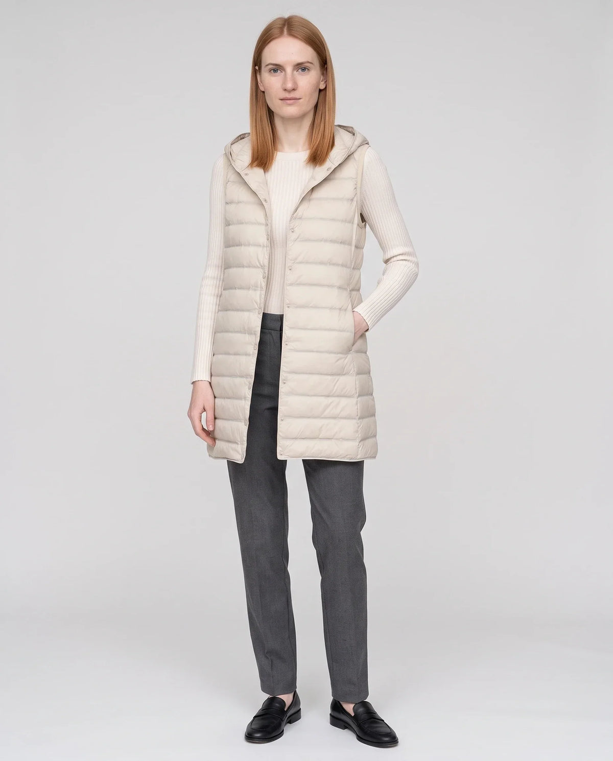 Long Sleeveless Quilted Hooded Gilet