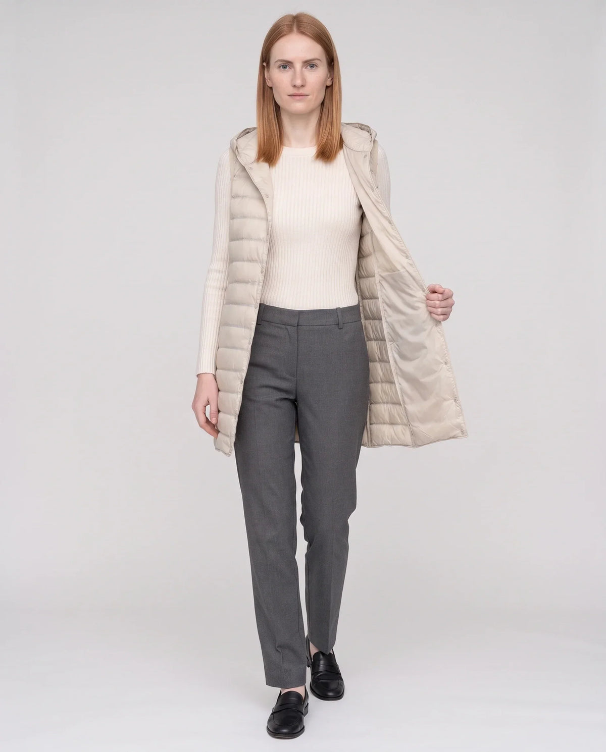 Long Sleeveless Quilted Hooded Gilet