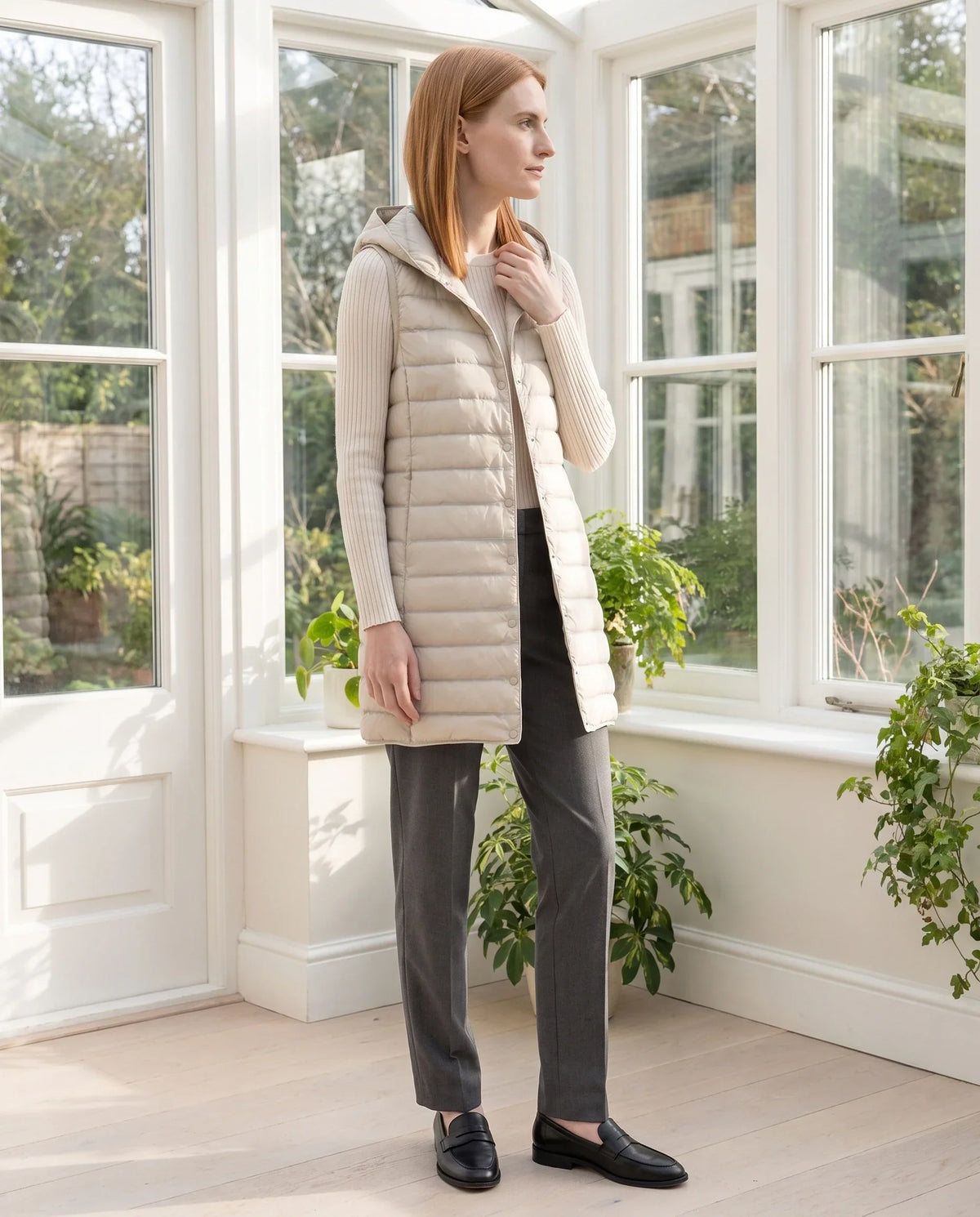 Long Sleeveless Quilted Hooded Gilet