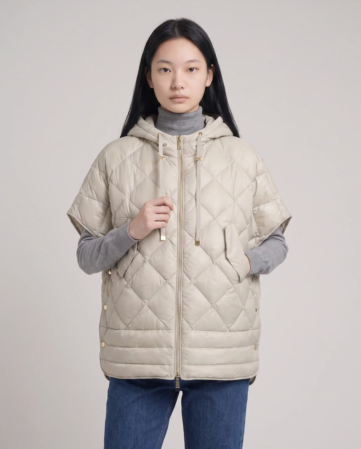Quilted Cape Gilet with Hood and Gold Poppers