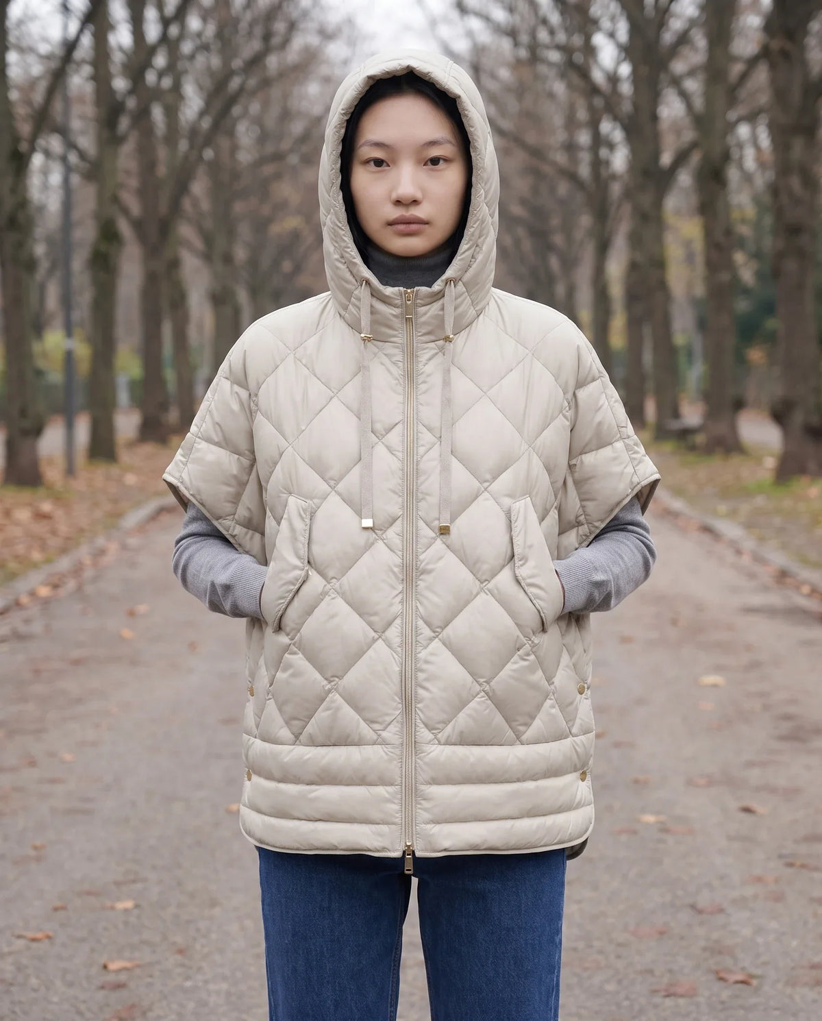 Quilted Cape Gilet with Hood and Gold Poppers