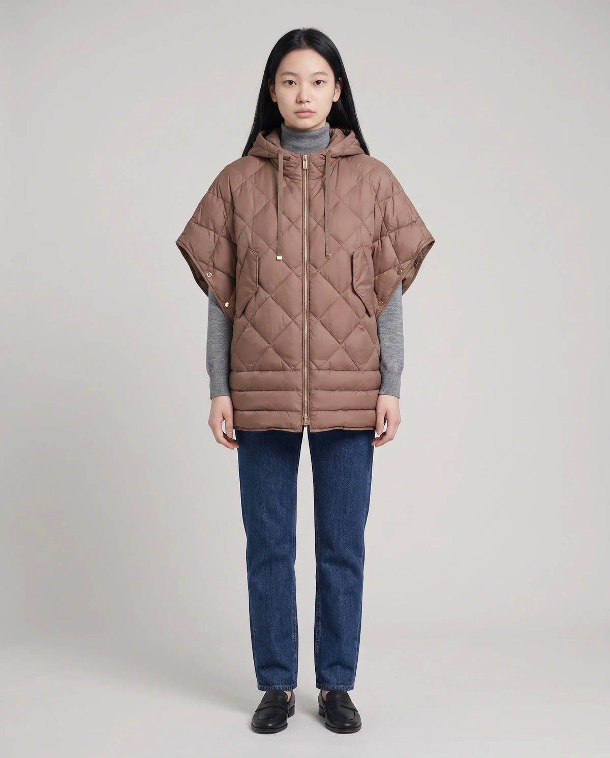 Quilted Cape Gilet with Hood and Gold Poppers