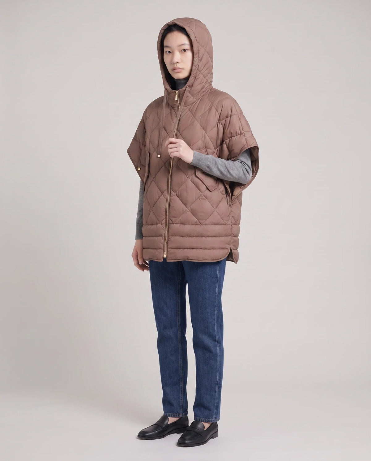 Quilted Cape Gilet with Hood and Gold Poppers