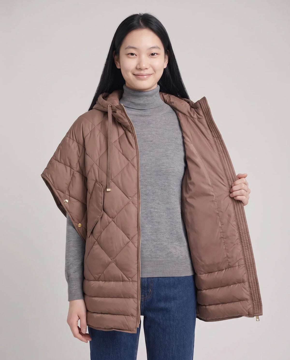 Quilted Cape Gilet with Hood and Gold Poppers