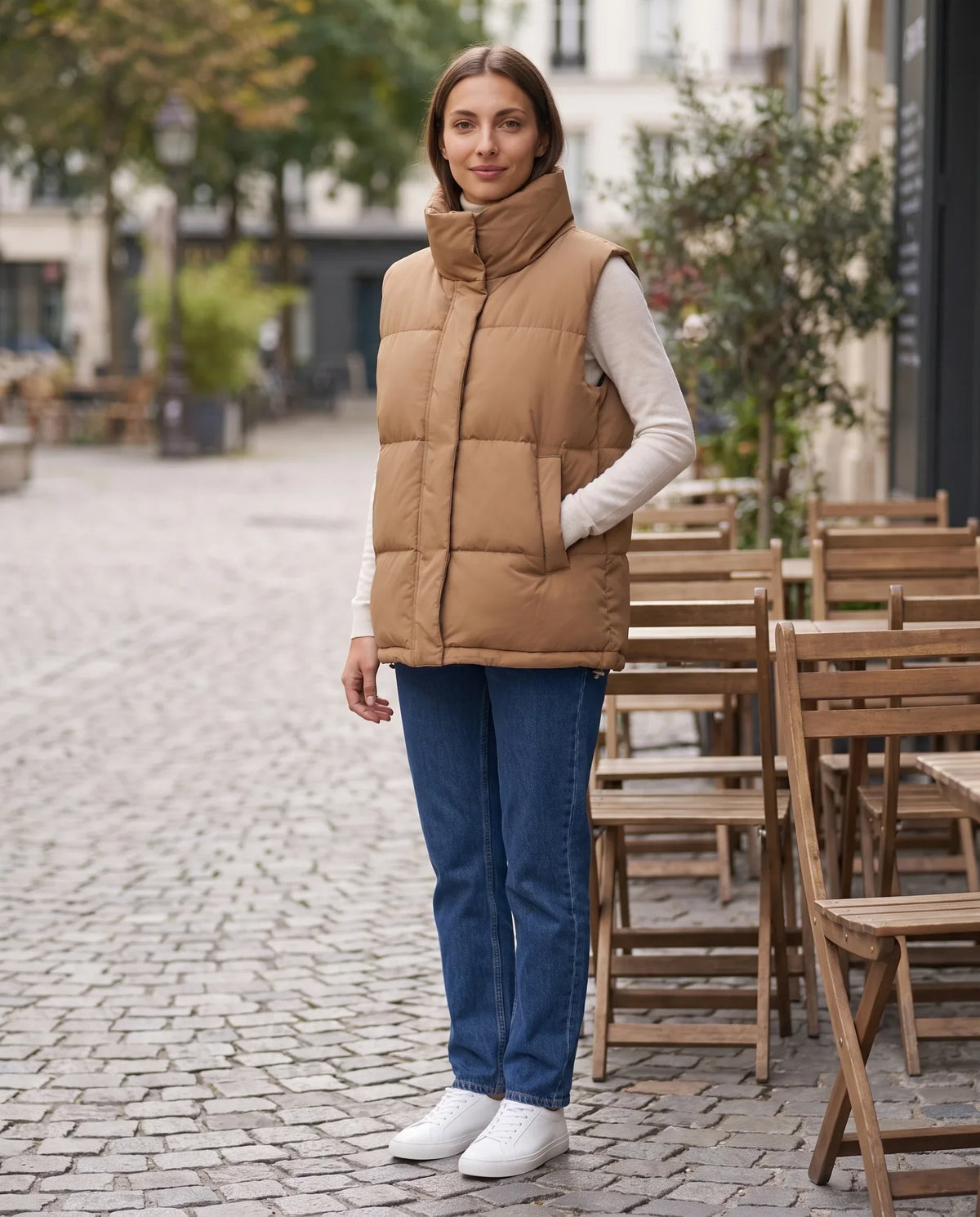 Oversized Quilted Puffer Gilet with High Funnel Collar