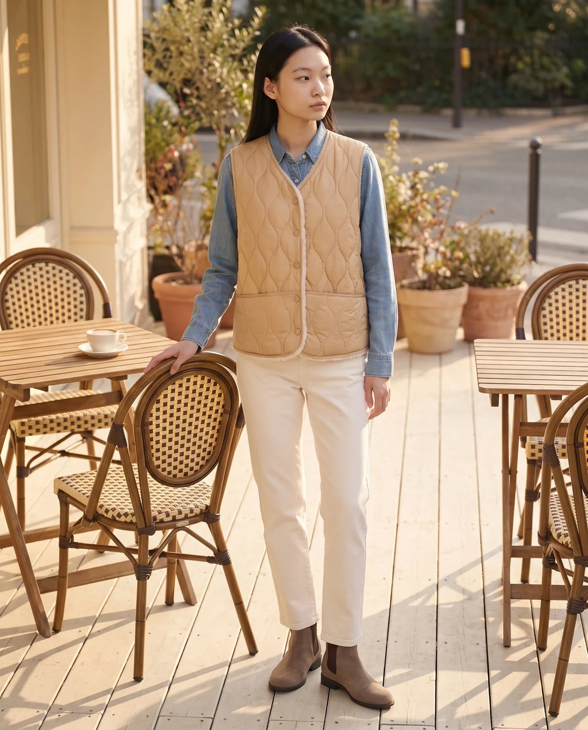 Sherpa-Lined Quilted Gilet with V-Neck