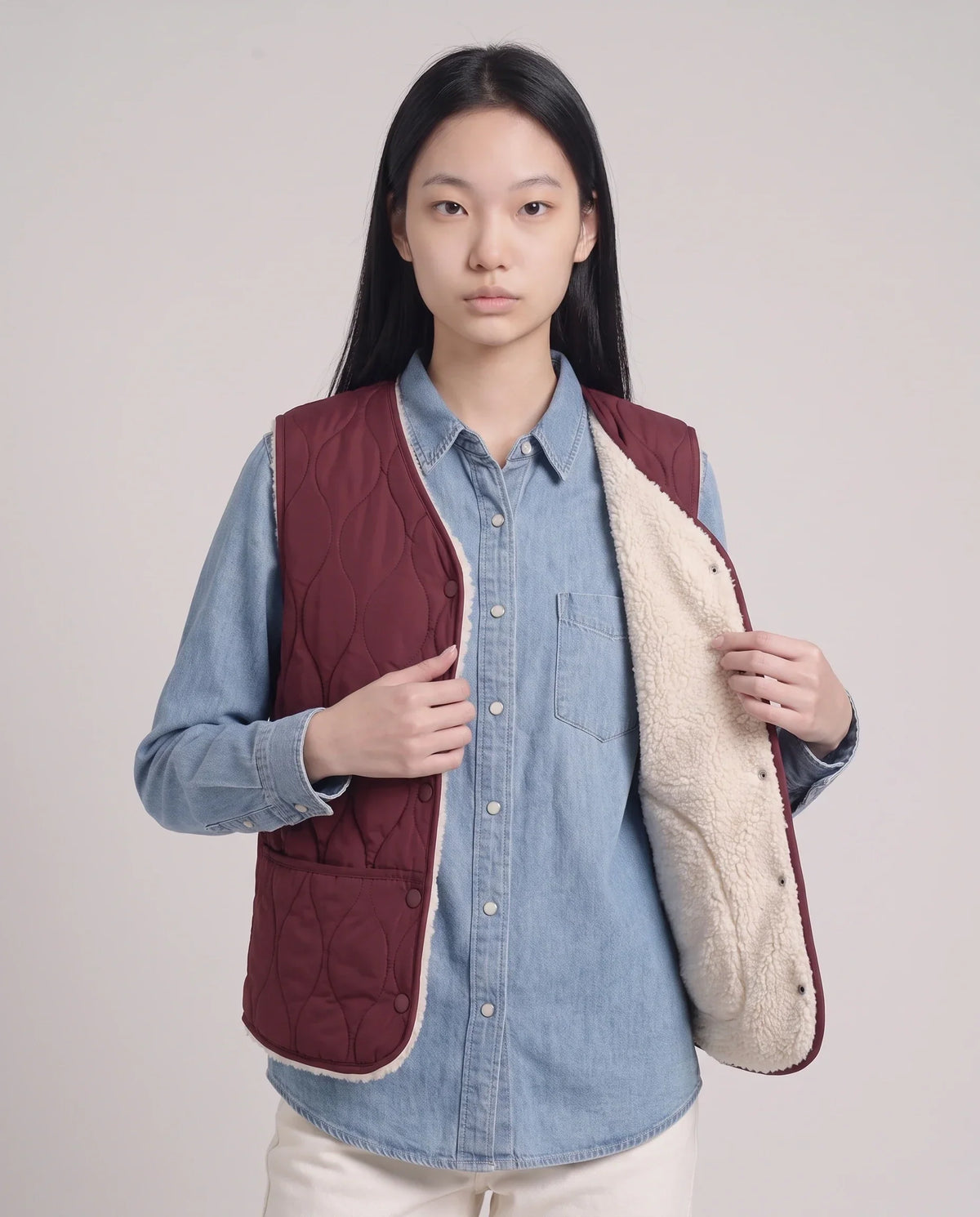 Sherpa-Lined Quilted Gilet with V-Neck