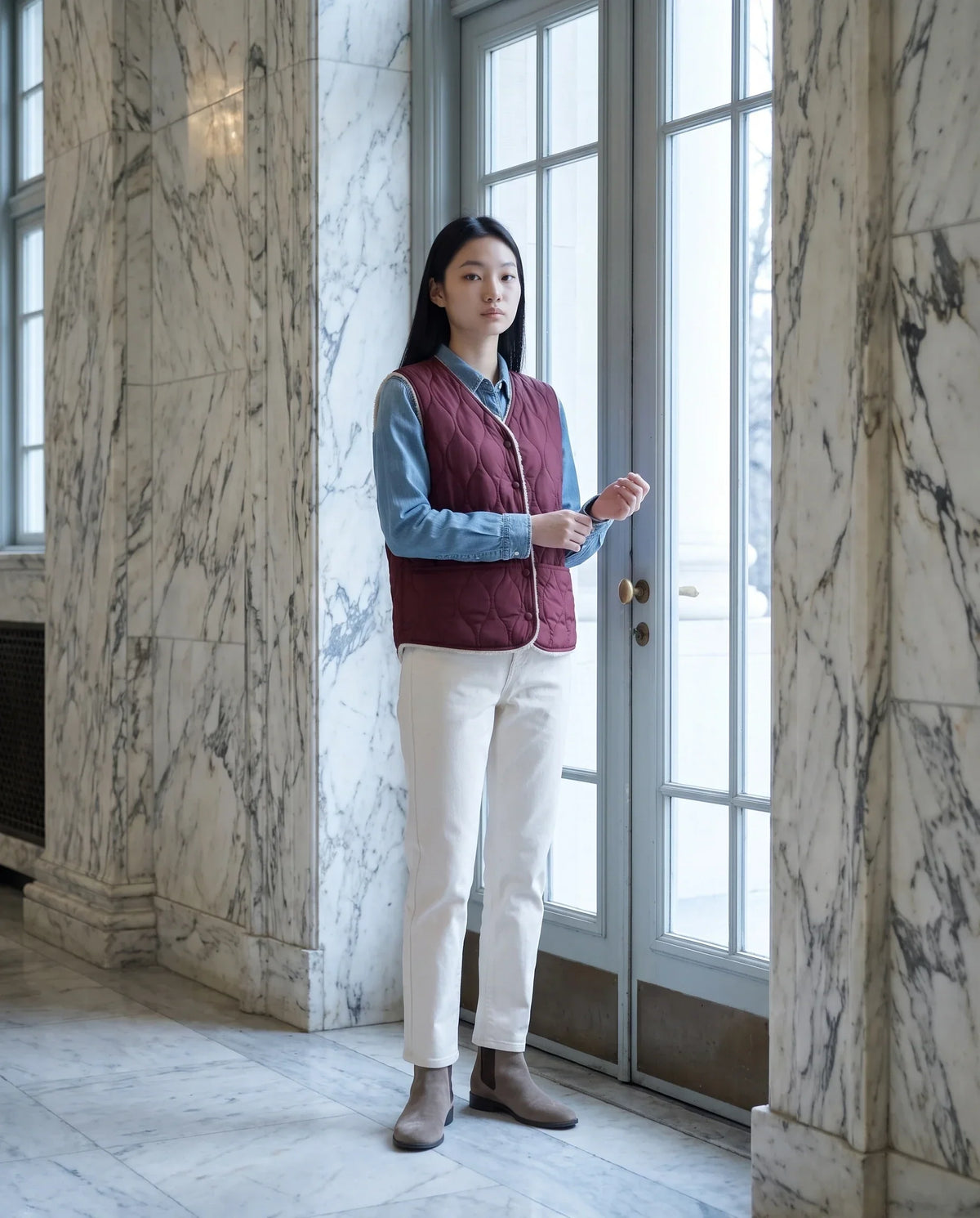 Sherpa-Lined Quilted Gilet with V-Neck