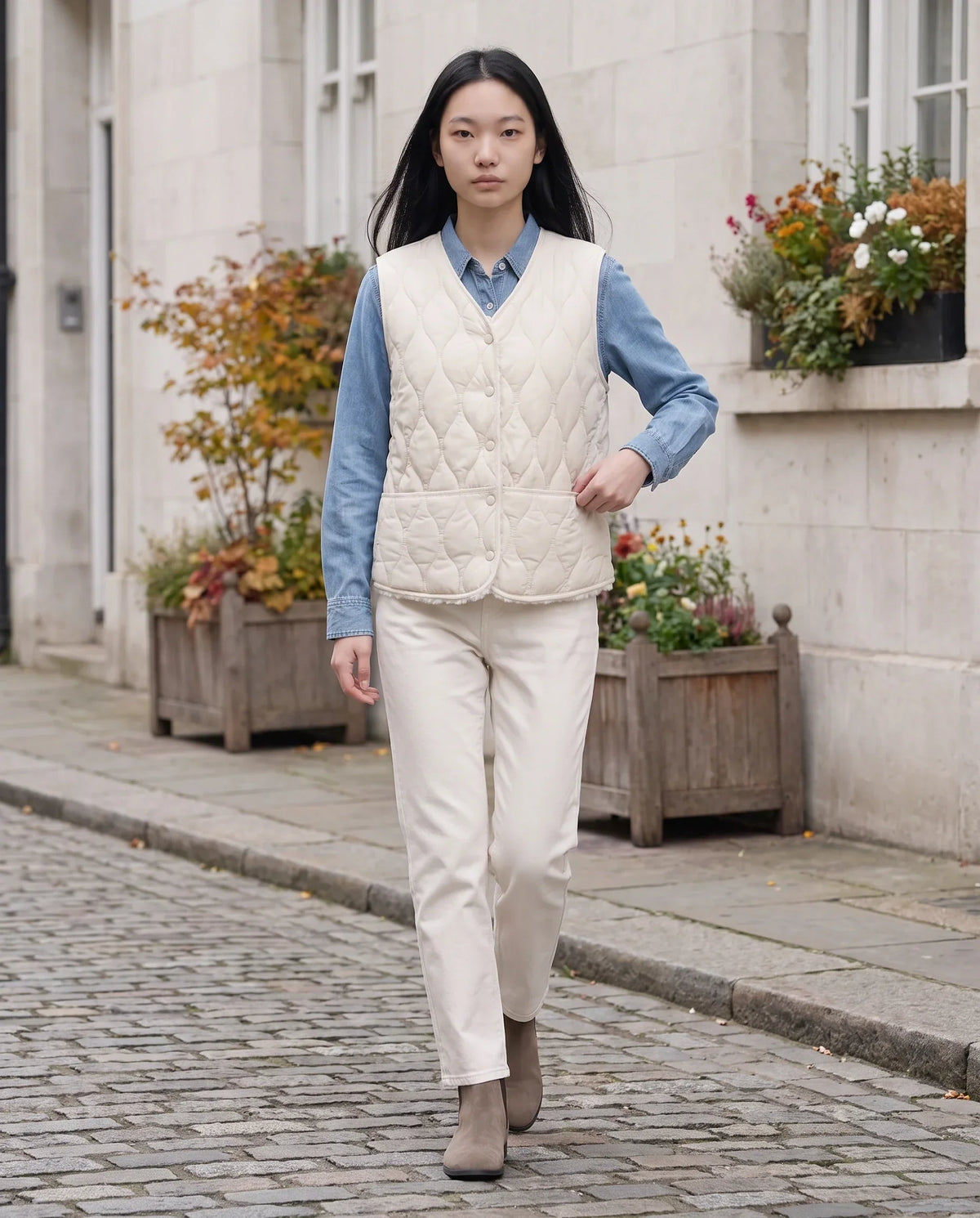 Sherpa-Lined Quilted Gilet with V-Neck