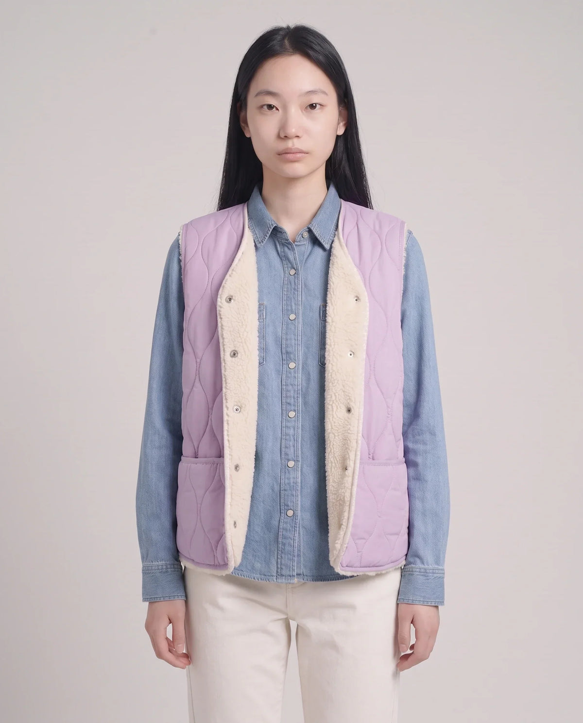 Sherpa-Lined Quilted Gilet with V-Neck