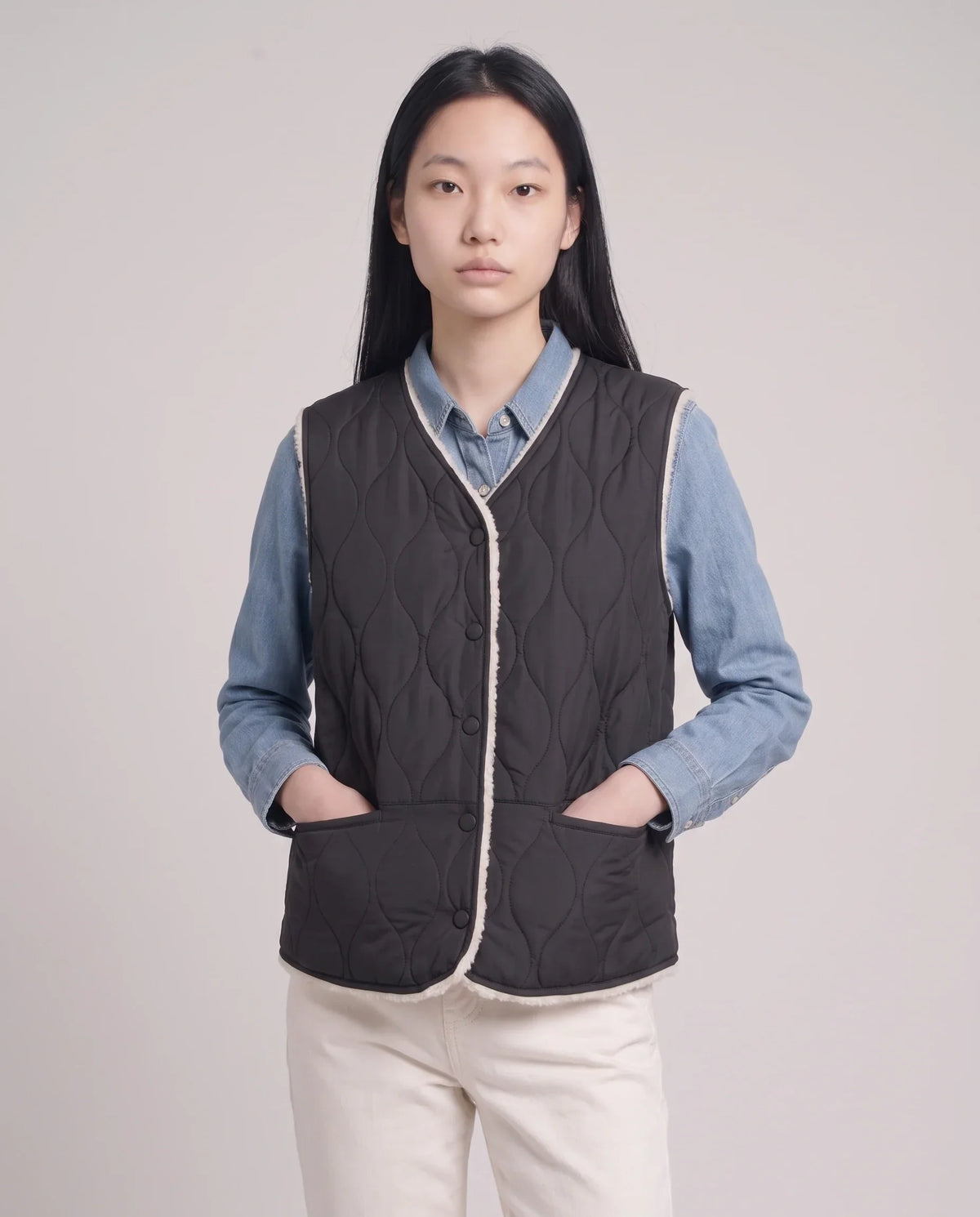 Sherpa-Lined Quilted Gilet with V-Neck