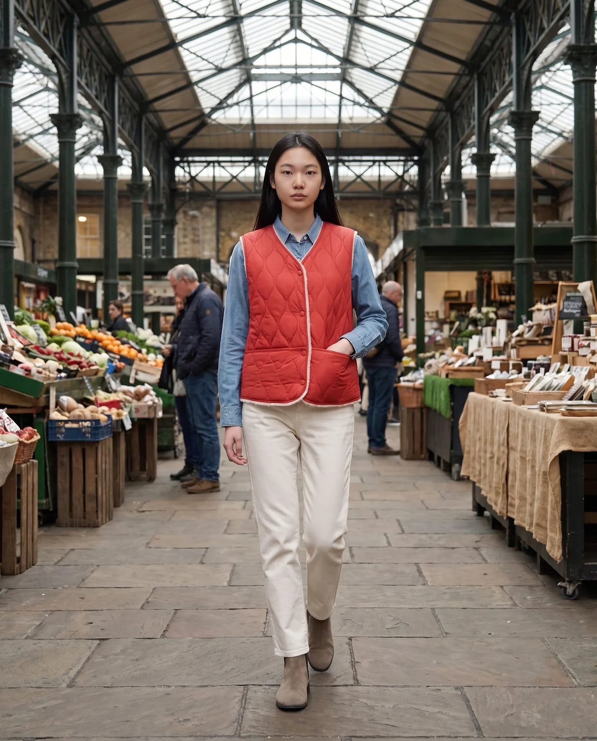 Sherpa-Lined Quilted Gilet with V-Neck