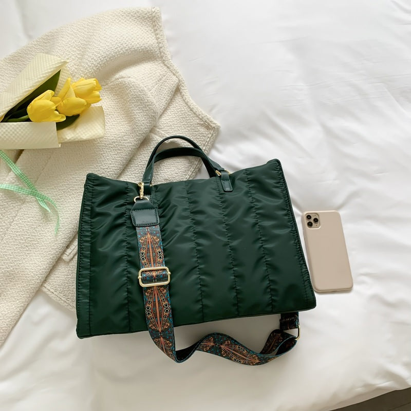 Tote Bag Quilted Cotton Nylon with Top Handles and Canvas Strap
