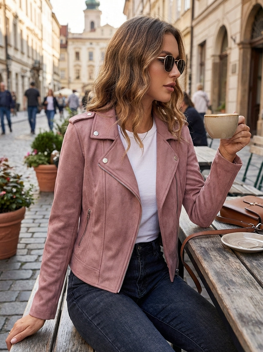 Biker Jacket Polyester with Asymmetric Zip and Lapel Collar