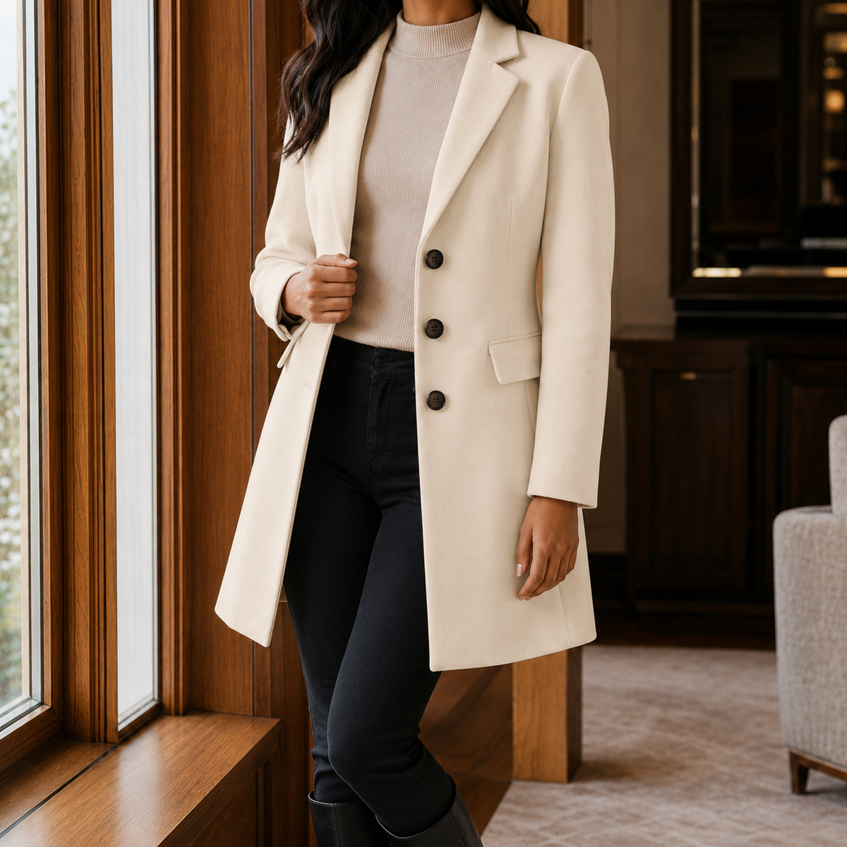 Coat Wool Blend Tailored Fitted Flared with Notched Lapels