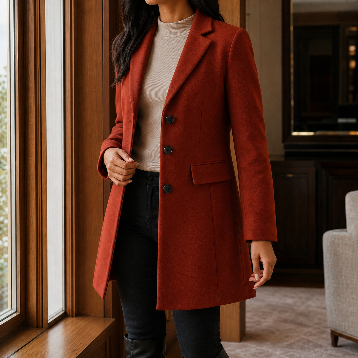 Coat Wool Blend Tailored Fitted Flared with Notched Lapels