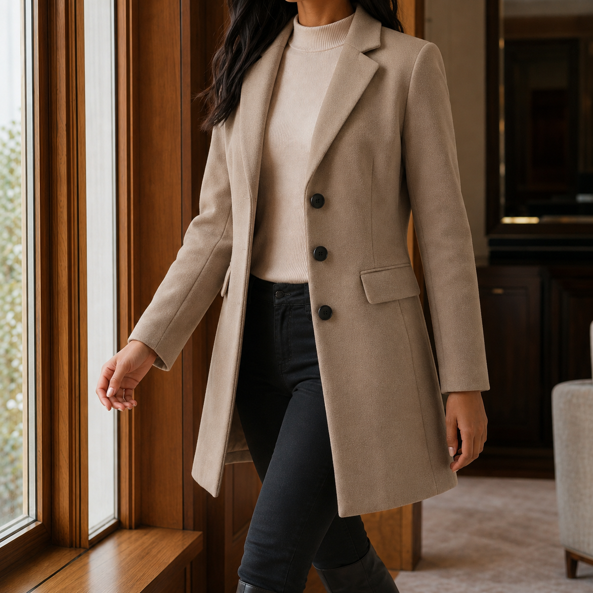 Coat Wool Blend Tailored Fitted Flared with Notched Lapels